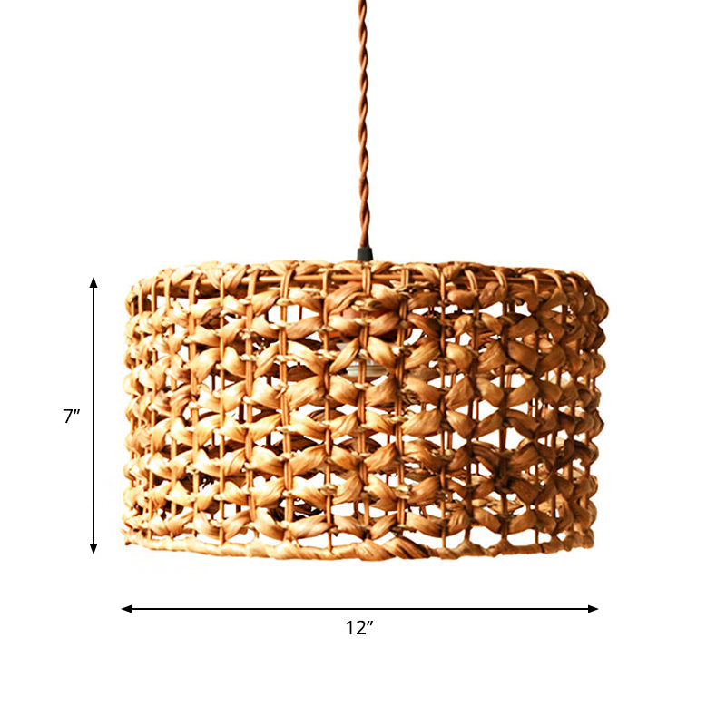 Traditionelle braune Rattan-Trommel-Pendelleuchte | Hängelampe mit einer Glühbirne für das Esszimmer