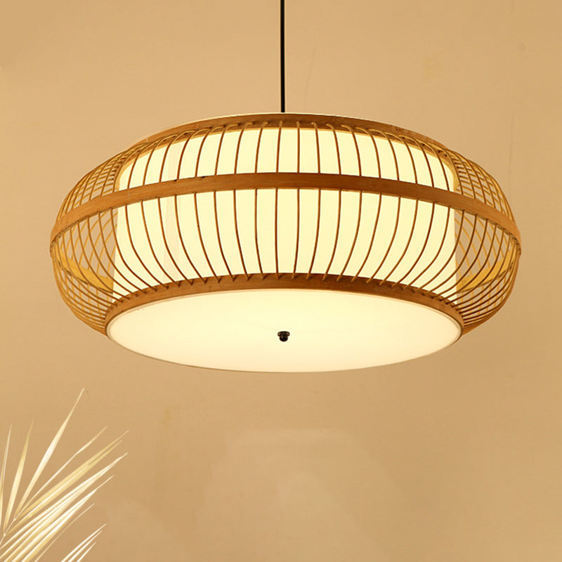 Modernes Pendelleuchten-Set aus Bambus – Abgerundete Trommelaufhängung, 1 Glühbirne – Hängeleuchte aus Holz, 18"/21,5"/23,5" breit
