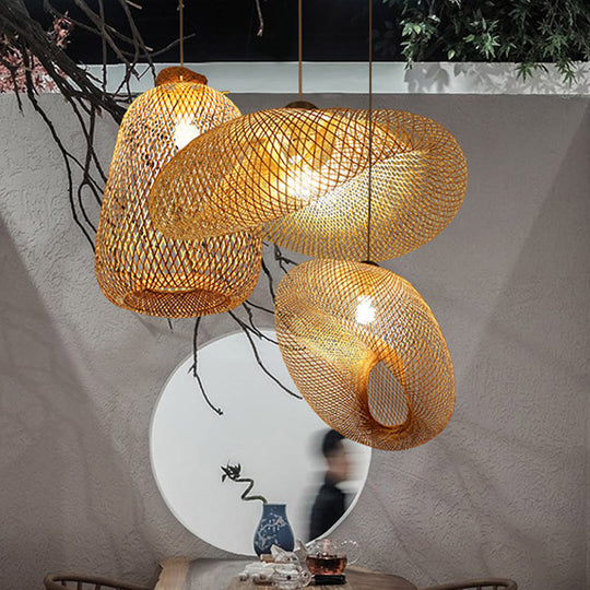 Handmade Wood Pendant Light With Bamboo Shade - Modern 1 Bulb Hanging Lamp
