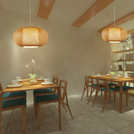 Bamboo Lantern Pendant Light - Traditional Wood Hanging Lamp Kit With 1 Bulb 16/19.5 Wide