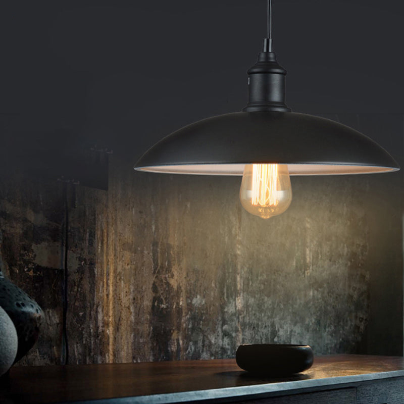 Retro Style Farmhouse Pendant Light: 13’/16’ Hanging Ceiling Fixture Metal Bowl Shade 1 Bulb Black