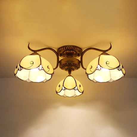 Tiffany Lodge Style Scalloped Semi Flush Ceiling Light With Stained Glass 3 Lights Beige/Clear Beige