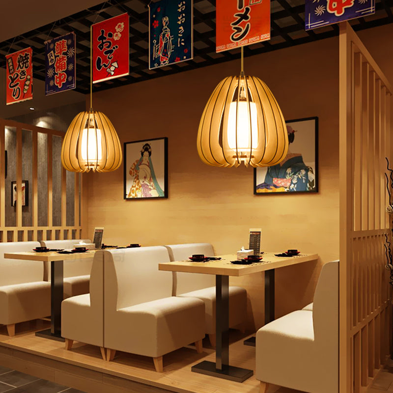 Contemporary Beige Pear Hanging Lamp - Wood Ceiling Pendant Light For Restaurants