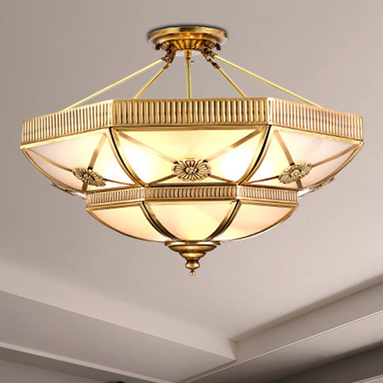 Classic Domed Semi Flush Light With Milky Glass Gold Mount - 4/6 Lights 18’/25’ Wide