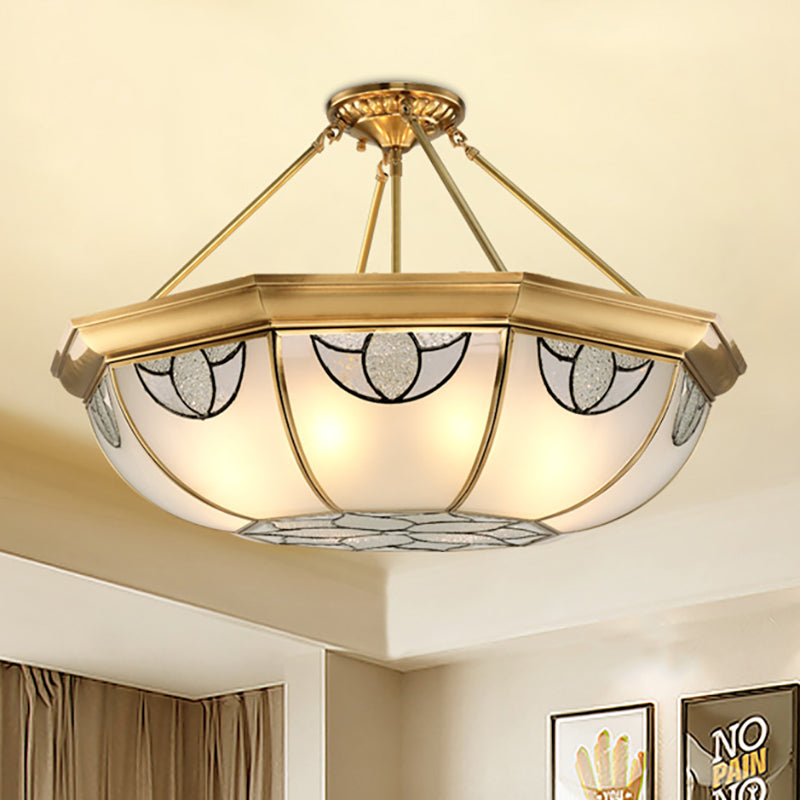Vintage Frosted Glass Semi Mount Lighting With 4 Gold Lights - 16’/18’ Wide