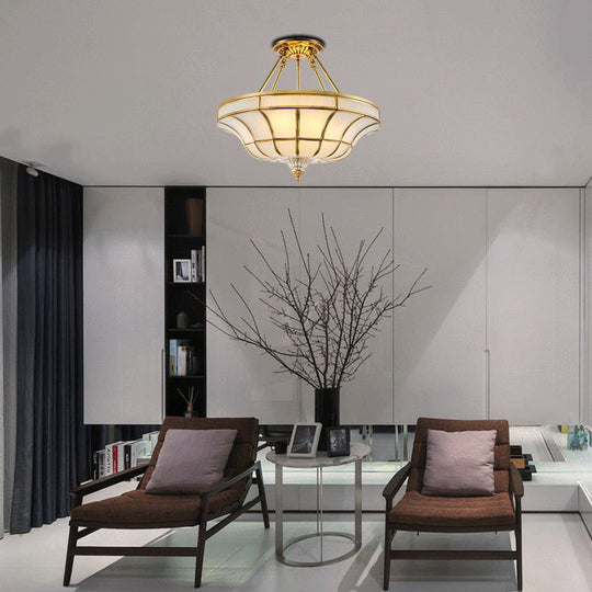 Antique Brass Semi Flush Ceiling Mount Light With Curved Frosted Glass - 3/6 Lights 16’/19.5’