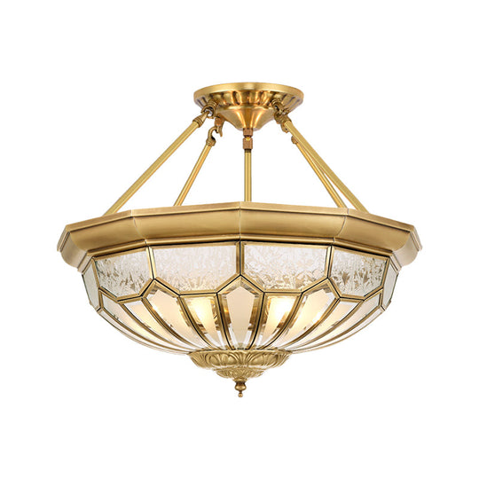 Antique Frosted Glass Bedroom Semi Flush Light - Wide Bowl Gold Finish 4/6 Lights 18’/19.5’
