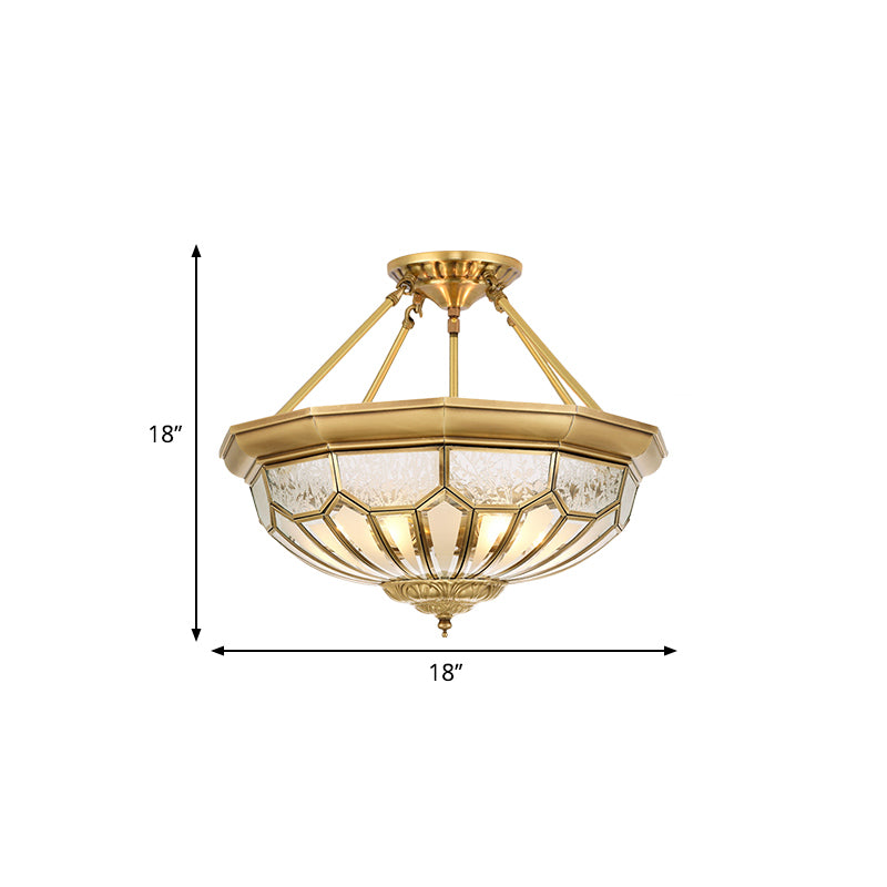 Antique Frosted Glass Bedroom Semi Flush Light - Wide Bowl Gold Finish 4/6 Lights 18’/19.5’
