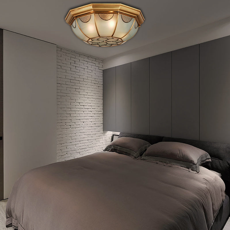 Traditional Flower Frosted Glass Flushmount Lighting In Gold - 3 - Light For Bedroom 14’/18’/23’ W