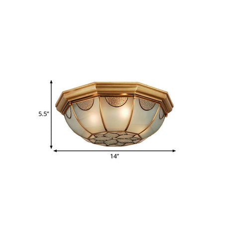 Traditional Flower Frosted Glass Flushmount Lighting In Gold - 3 - Light For Bedroom 14’/18’/23’ W