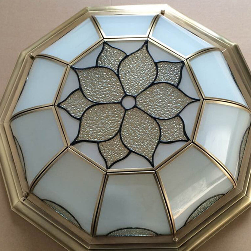 Traditional Flower Frosted Glass Flushmount Lighting In Gold - 3 - Light For Bedroom 14’/18’/23’ W