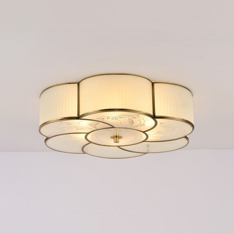 Traditional Brass Floral Flush Mount Lamp For Bedroom With Frosted Glass 3 /
