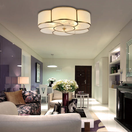 Traditional Brass Floral Flush Mount Lamp For Bedroom With Frosted Glass