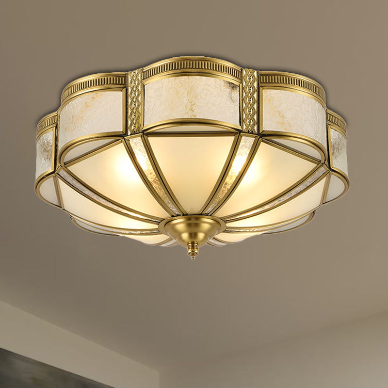 Classic Brass Domed Flush Mount Fixture With Frosted Glass Panel - 3/4/6 Lights For Bedroom