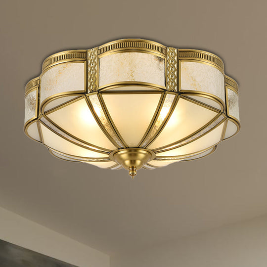Classic Brass Domed Flush Mount Fixture With Frosted Glass Panel - 3/4/6 Lights For Bedroom