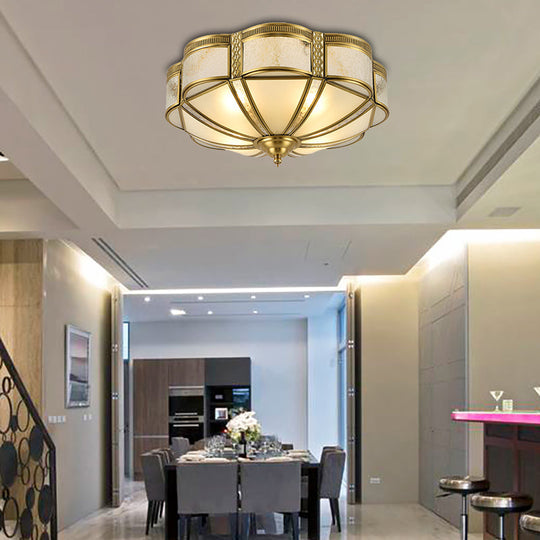 Classic Brass Domed Flush Mount Fixture With Frosted Glass Panel - 3/4/6 Lights For Bedroom