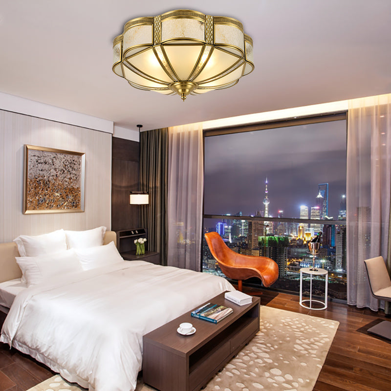 Classic Brass Domed Flush Mount Fixture With Frosted Glass Panel - 3/4/6 Lights For Bedroom