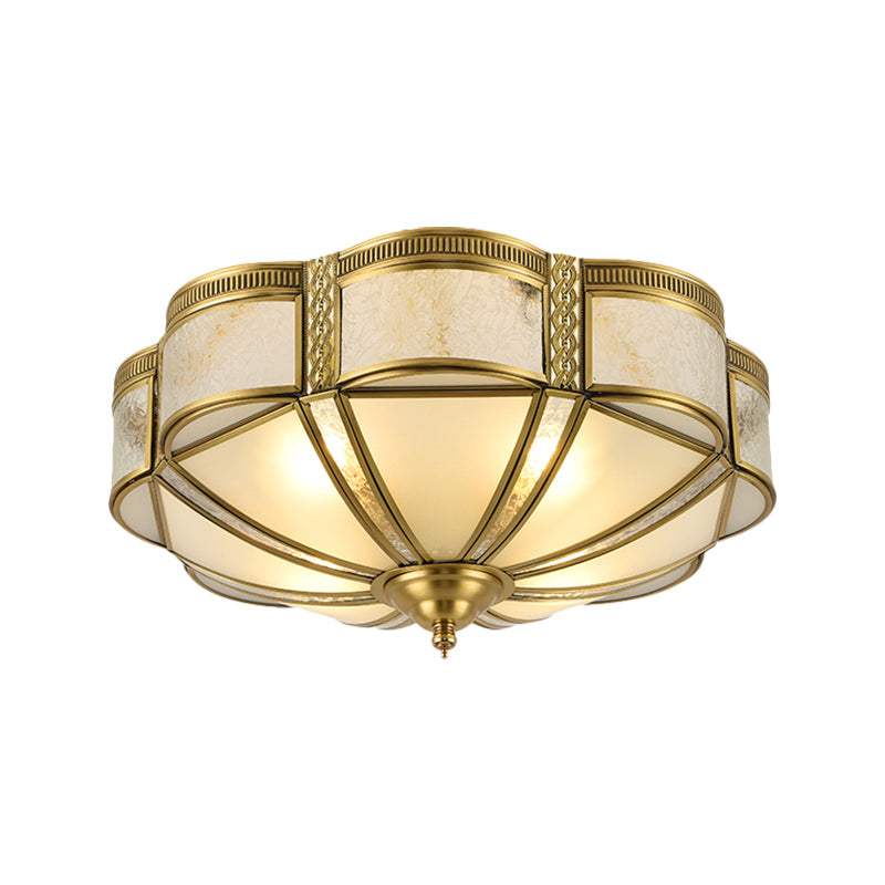 Classic Brass Domed Flush Mount Fixture With Frosted Glass Panel - 3/4/6 Lights For Bedroom