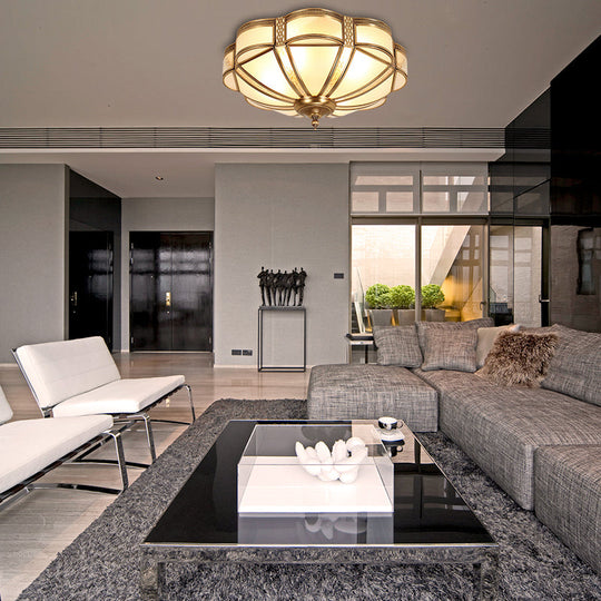 Classic Brass Domed Flush Mount Fixture With Frosted Glass Panel - 3/4/6 Lights For Bedroom