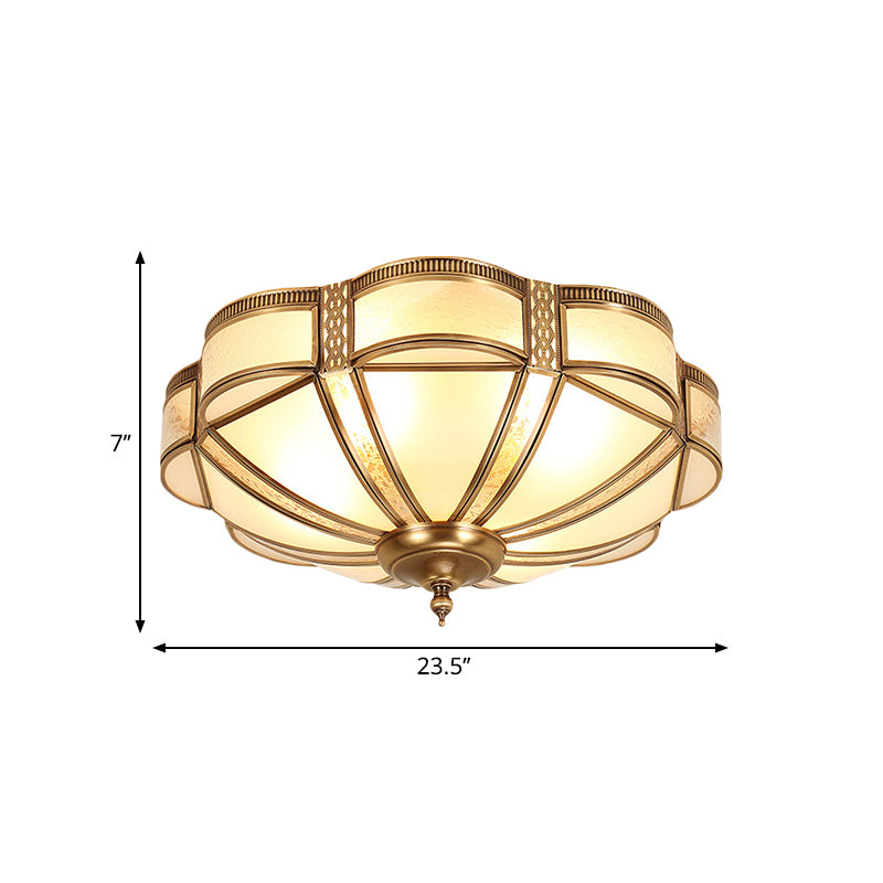 Classic Brass Domed Flush Mount Fixture With Frosted Glass Panel - 3/4/6 Lights For Bedroom