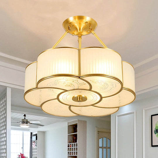 Traditional Brass Semi - Flush Flower Ceiling Light With White Curved Glass Shade - 4/6 Lights