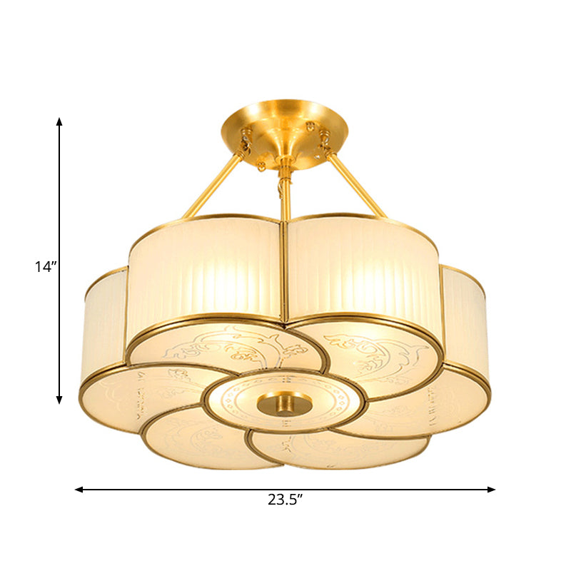 Traditional Brass Semi - Flush Flower Ceiling Light With White Curved Glass Shade - 4/6 Lights