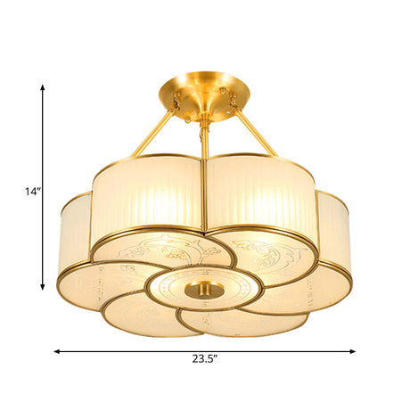 Traditional Brass Semi-Flush Flower Ceiling Light With White Curved Glass Shade - 4/6 Lights 18/23.5