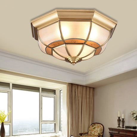 Metal Brass Flush Light Bowl Fixture: Antique Ceiling Mount For Living Room - 4/6 Bulbs 18/21.5