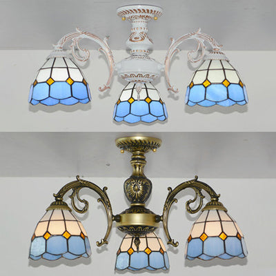 Lodge Style Stained Glass Semi Flush Light For Foyer - 3 Lights Bowl In White/Antique Brass