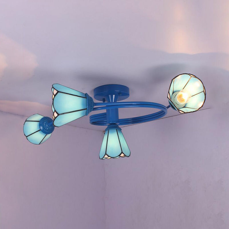 Tiffany Stained Glass Semi-Flush Light With White/Blue Motif - Ideal For Bedroom Ambiance 4 / Blue