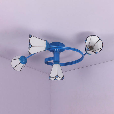 Tiffany Stained Glass Semi-Flush Light With White/Blue Motif - Ideal For Bedroom Ambiance