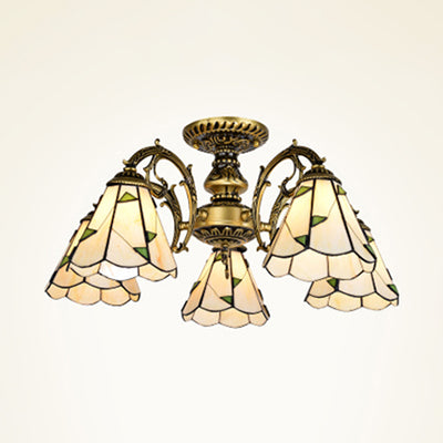 Vintage Lodge Stained Glass Semi Flush Ceiling Light In White/Antique Brass With Conical Design -