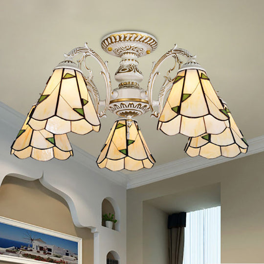 Vintage Lodge Stained Glass Semi Flush Ceiling Light In White/Antique Brass With Conical Design -