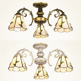 Vintage Lodge Stained Glass Semi Flush Ceiling Light In White/Antique Brass With Conical Design -