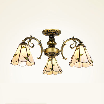 Vintage Lodge Stained Glass Semi Flush Ceiling Light In White/Antique Brass With Conical Design -