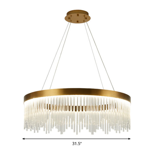 Modernist Crystal Led Brass Pendant Light - Tube Hanging Chandelier Warm/White 16’/23.5’/31.5’ Wide