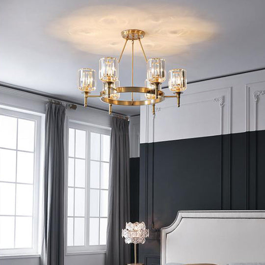 Modern Faceted Crystal Cylinder Chandelier Ceiling Pendant Light W/ 3/5/6 Bulbs In Brass Finish