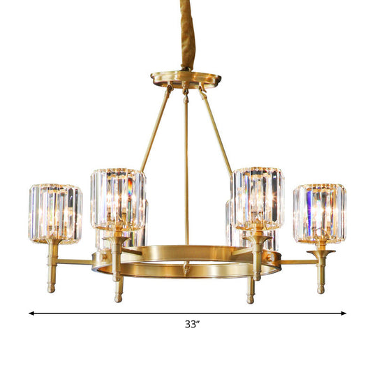 Modern Faceted Crystal Cylinder Chandelier Ceiling Pendant Light W/ 3/5/6 Bulbs In Brass Finish