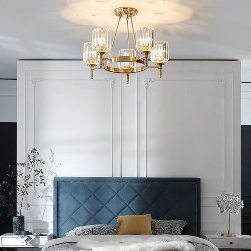 Modern Faceted Crystal Cylinder Chandelier Ceiling Pendant Light W/ 3/5/6 Bulbs In Brass Finish