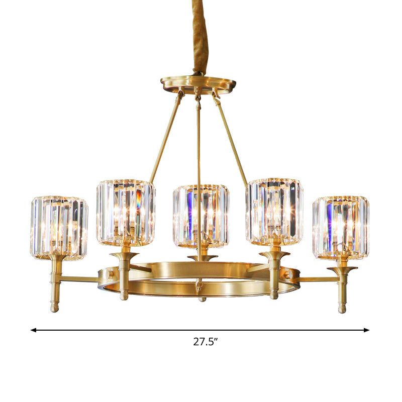 Modern Faceted Crystal Cylinder Chandelier Ceiling Pendant Light W/ 3/5/6 Bulbs In Brass Finish