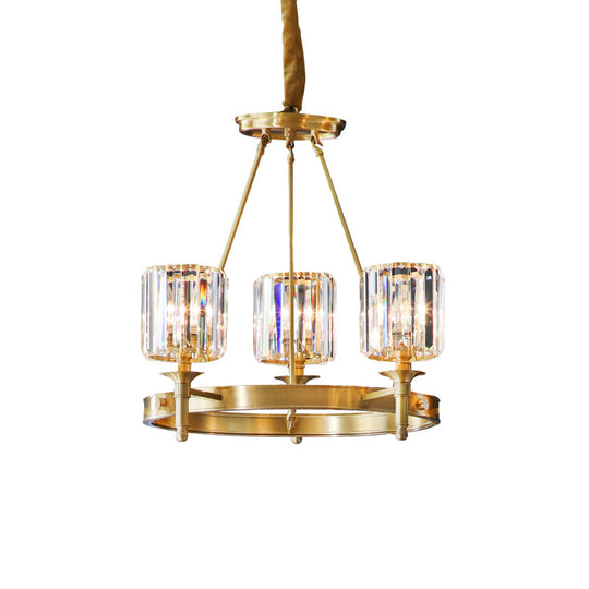 Modern Faceted Crystal Cylinder Chandelier Ceiling Pendant Light W/ 3/5/6 Bulbs In Brass Finish