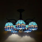 Tiffany Style Stained Glass Semi Flush Lamp - Red/Blue/Green/Blue-White 3/5 Lights Ideal For