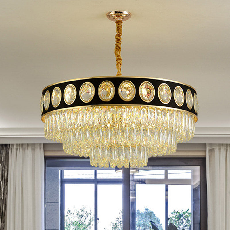 Postmodern Black & Gold 3-Tier Hanging Light Chandelier - 9/11 Heads Crystal Blocks 19.5’/23.5’ Wide