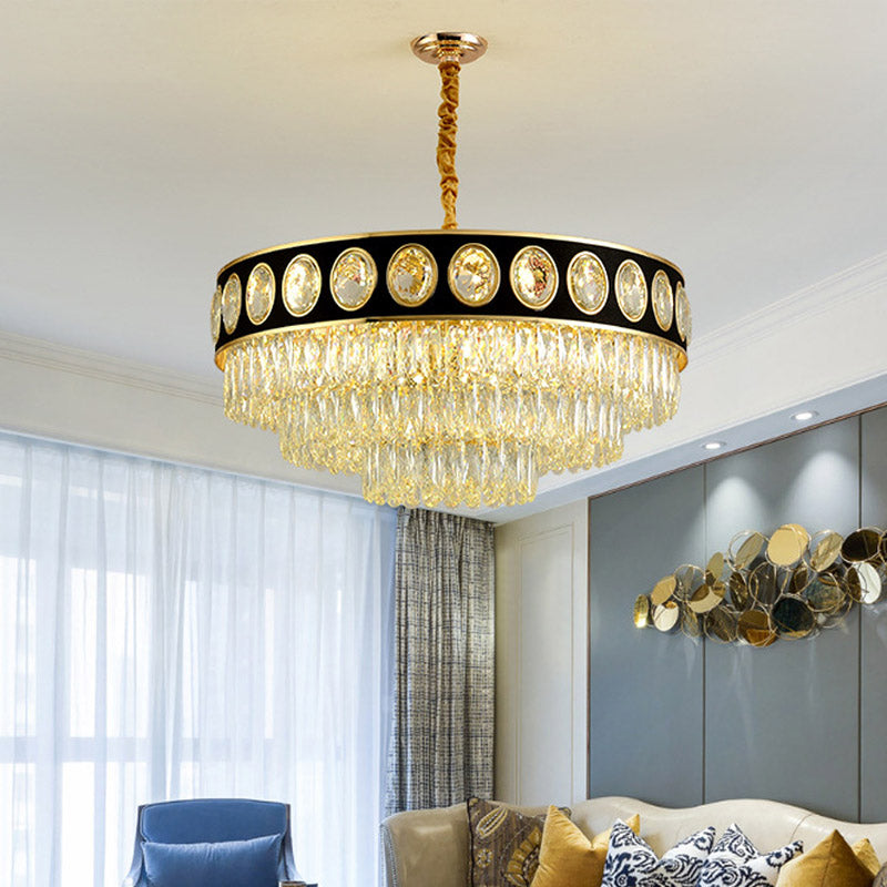 Postmodern Black & Gold 3-Tier Hanging Light Chandelier - 9/11 Heads Crystal Blocks 19.5’/23.5’ Wide