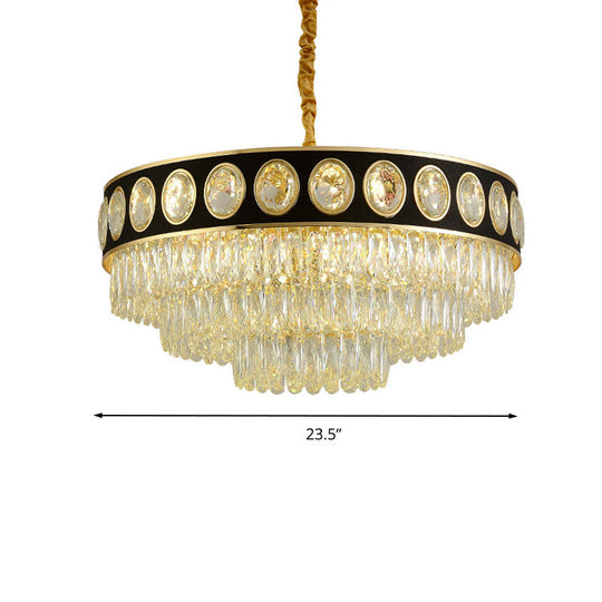 Postmodern Black And Gold Crystal Block Chandelier Lighting 3 Tiers 9/11 Heads 19.5/23.5 Wide