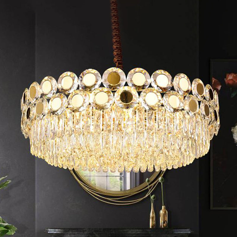 Contemporary Brass Drum Chandelier With Crystal Facets - 9-Light Hanging Pendant Ceiling Fixture