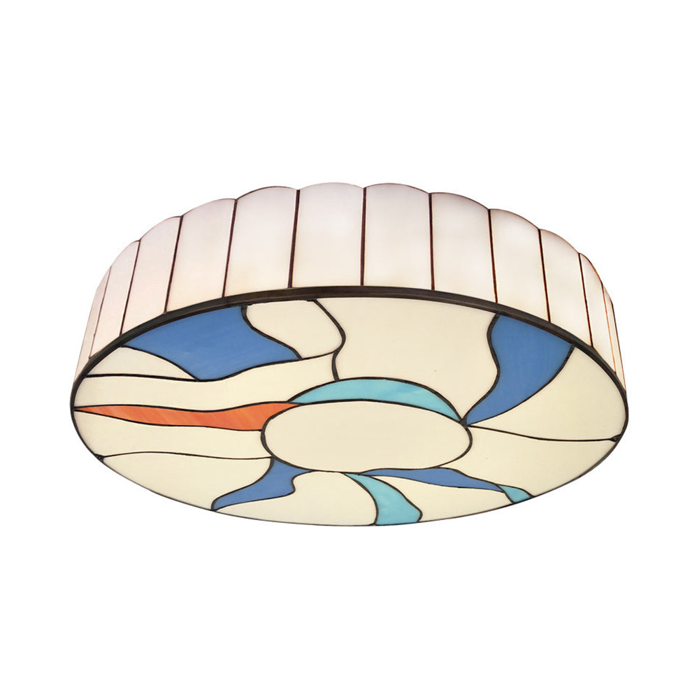 Stained Glass Flush Mount Ceiling Light In Modern Style - 16’/19.5’ White Drum Shade For Living Room