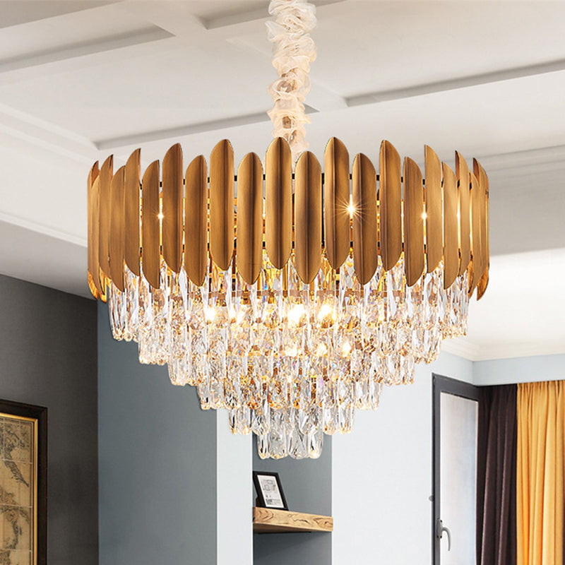 Postmodern Brass Chandelier Pendant Light - Faceted Crystal Cone Design 6/10 Heads 16’/19.5’ Wide