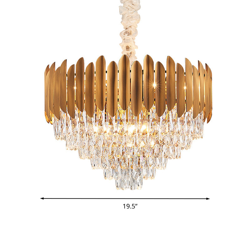 Postmodern Brass Chandelier Pendant Light - Faceted Crystal Cone Design 6/10 Heads 16’/19.5’ Wide
