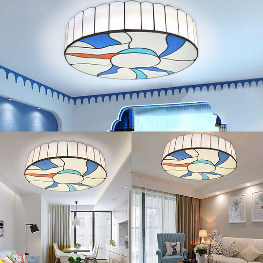 Stained Glass Flush Mount Ceiling Light In Modern Style - 16/19.5 White Drum Shade For Living Room